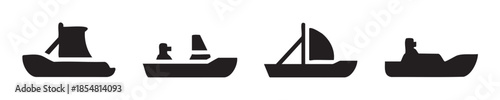 Four different types of boats represented as black silhouette icons, illustrating various watercraft for navigation and leisure activities.