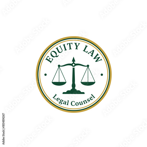 Professional circular emblem for "Equity Law" featuring a classic scale of justice in green and gold. Represents balance, integrity, and law