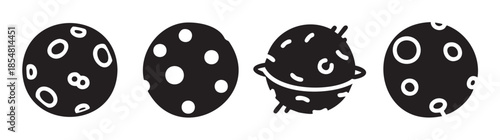 Four stylized black and white celestial bodies with unique surface patterns are arranged in a horizontal row, representing abstract planetary forms.