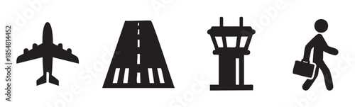 Airport travel icons representing aviation, flight, and passenger journeys, including an airplane, runway, control tower, and walking person.