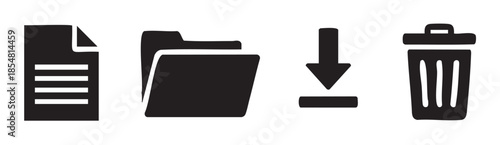 Document folder download trash icons representing digital file management and common user interface actions for organizing, storing, retrieving, and deleting information.