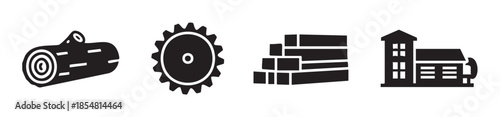 Wood production industry icons depicting the entire manufacturing cycle from raw timber logs to processed lumber and factory operations.