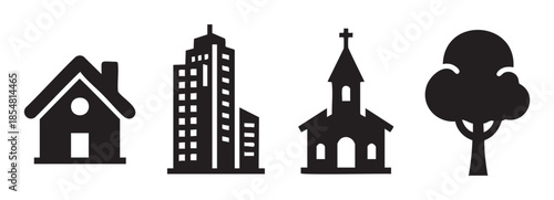 Various community elements icons set representing essential structures and nature, including a house, skyscraper, church, and tree in a clean graphic style.