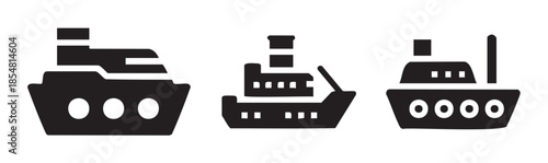 Three different ships icons representing various types of maritime transportation and sea travel in a simple, modern black and white graphic style.