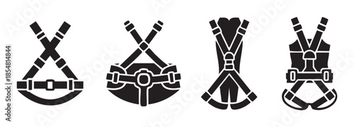 Safety harnesses and fall protection equipment icons showing various types of personal protective gear for industrial work and climbing activities.