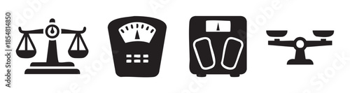 Various types of weighing scales icons representing measurement and balance, essential tools for health, justice, and precision in daily life.