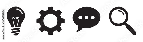 Abstract business concept icons for problem solving and innovation are prominently displayed in a modern flat design style, suitable for various digital applications.