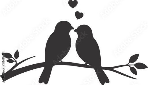 Romantic bird couple silhouette on branch with hearts, love symbol vector