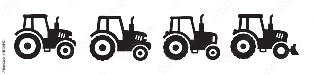 Obraz premium Four farm tractors in a row showcasing various agricultural vehicle silhouettes, perfect for illustrating farming, rural life, and heavy machinery concepts.