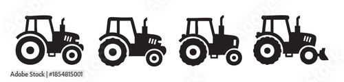 Four farm tractors in a row showcasing various agricultural vehicle silhouettes, perfect for illustrating farming, rural life, and heavy machinery concepts.