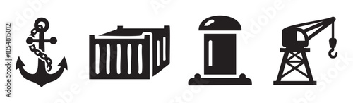 Shipping logistics industry icons, including an anchor, cargo container, storage silo, and port crane, symbolizing global trade and transportation.