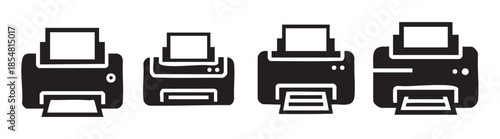 Four different printer icons representing modern office technology and document output, illustrating various functions for business and personal use.
