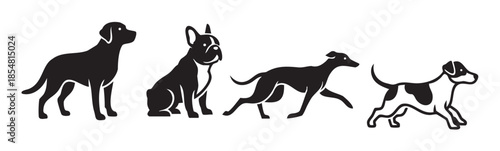 Four different dog breeds depicted in a row, showcasing various poses and characteristics as simple black and white graphic icons.