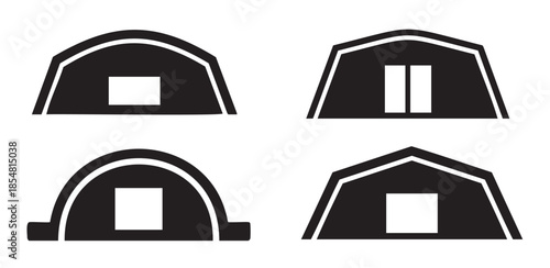 Four distinct shelter icons representing various temporary structures and portable buildings, ideal for camping, emergency, or industrial applications.