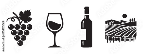 Wine grapes bottle glass vineyard icons represent the essence of winemaking and viticulture, perfect for beverage industry designs.