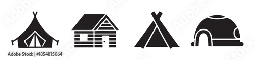 Various types of shelters represented as black silhouette icons showcasing different forms of human dwelling and temporary housing structures.