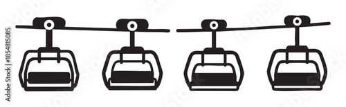 Four ski lift chairs and gondolas represent winter sports, mountain resorts, and convenient aerial transportation for passengers and equipment.