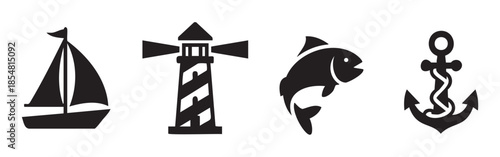 Nautical marine ocean sea sailing themed icons featuring a sailboat, lighthouse, jumping fish, and anchor, representing adventure and exploration.
