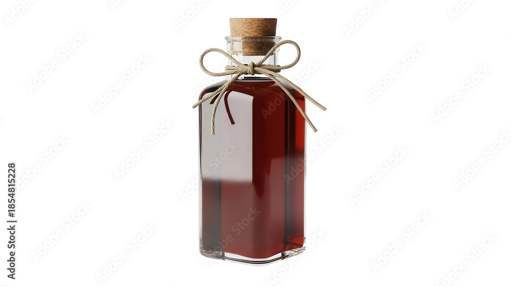 Obraz premium Square glass bottle with cork and twine filled with red liquid isolated PNG, vintage potion container on transparent background