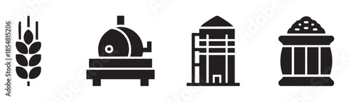 Grain processing icons illustrate the complete journey from wheat harvest to milling, storage, and final flour production, essential for food industries.