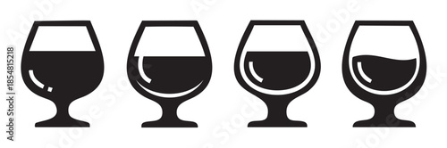 Four different wine glasses showing varying liquid levels, illustrating concepts of volume, consumption, or status in a simple black silhouette icon design.