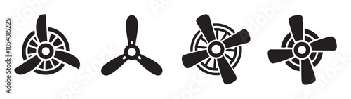Various black propeller and fan icons, a collection of different rotating blade designs used for air movement and propulsion systems.