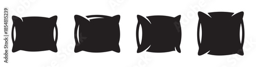 Four black pillow icons with varying shapes symbolizing comfort, relaxation, and a good night's sleep, ideal for web design or print materials.
