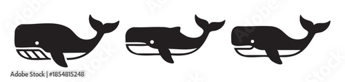 Three black whale icons illustrate simple aquatic animal designs, perfect for marine life themes, ocean conservation, or children's illustrations.