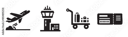 Air travel icons, airport symbols, and aviation elements are depicted in a clean, modern black silhouette style, perfect for illustrating global journeys and flight concepts.