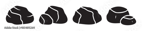 Four natural rough textured rocks or stones are depicted in a simple black and white graphic illustration, showcasing their varied shapes and contours.