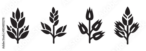 Stylized plant icons representing various agricultural crops and botanical elements, ideal for modern graphic design projects and branding purposes.