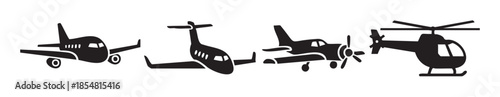 Various aircraft types including airplanes and helicopter silhouettes are displayed in a simple black and white graphic design, representing air travel and transportation.