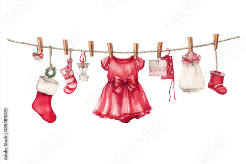 Watercolor Christmas Baby Dress Hanging on Clothesline with Festive Accessories (PNG 8640×5760)