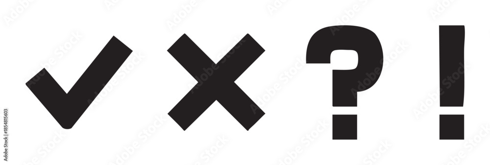 Fototapeta premium Checkmark, cross, question mark, exclamation mark symbols represent various states of decision, feedback, and communication in a clear and concise visual manner.