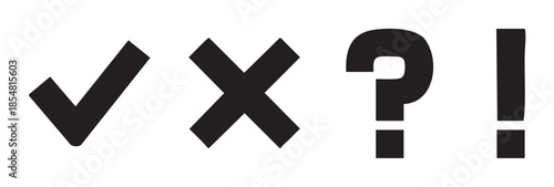 Checkmark, cross, question mark, exclamation mark symbols represent various states of decision, feedback, and communication in a clear and concise visual manner.