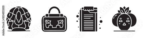 Collection of diverse black silhouette icons featuring an igloo, a shopping bag with cat faces, a clipboard, and a festive pumpkin is shown.