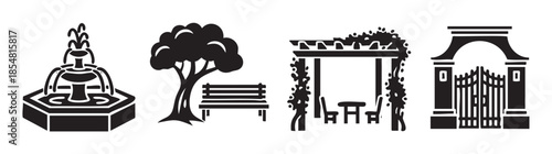 Various garden park outdoor elements including a fountain, a tree with a bench, a pergola with furniture, and an ornate gate archway, presented as black silhouettes.
