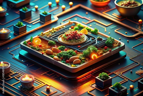 Futuristic Food Circuit Board: High-Detail Digital Culinary Design
