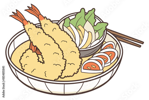 realistic luxury flat illustration of Japanese tempura, crispy batter texture suggested through clean shading, shrimp and vegetables with light golden tones, minimal yet realistic flat design
