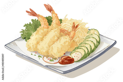 realistic luxury flat illustration of Japanese tempura, crispy batter texture suggested through clean shading, shrimp and vegetables with light golden tones, minimal yet realistic flat design