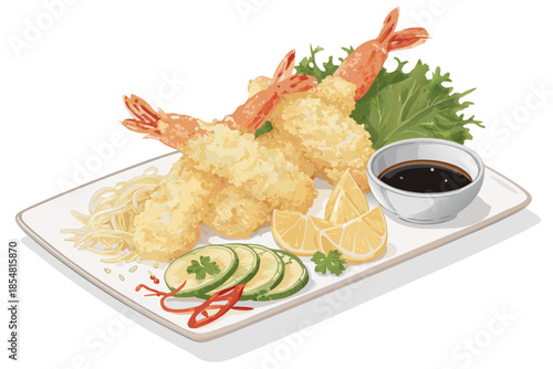 realistic luxury flat illustration of Japanese tempura, crispy batter texture suggested through clean shading, shrimp and vegetables with light golden tones, minimal yet realistic flat design