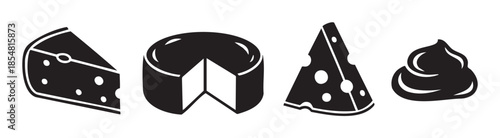 Various cheese products and dairy items are depicted in a collection of simple black and white silhouette icons, representing different types of delicious food.