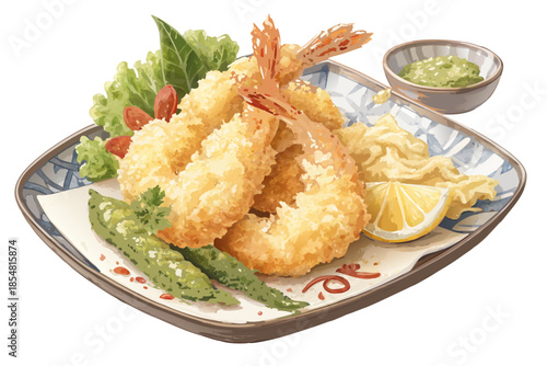 realistic luxury flat illustration of Japanese tempura, crispy batter texture suggested through clean shading, shrimp and vegetables with light golden tones, minimal yet realistic flat design