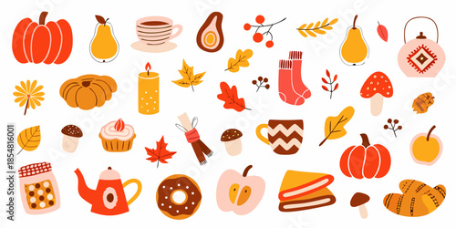 An assortment of autumn themed illustrations pumpkins leaves and cozy fall items
