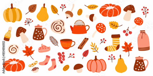 Autumn harvest and cozy fall elements illustration with pumpkins pears and leaves
