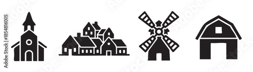 Various architectural buildings and structures are depicted as simple black silhouette icons representing community, rural life, and historical elements in a graphic style.
