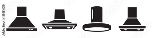 Collection of four distinct kitchen range hoods vector icons, showcasing various styles of modern kitchen ventilation systems and appliances for cooking.