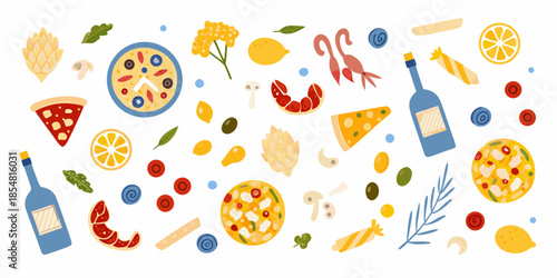 A colorful assortment of italian food elements pizza pasta seafood and citrus