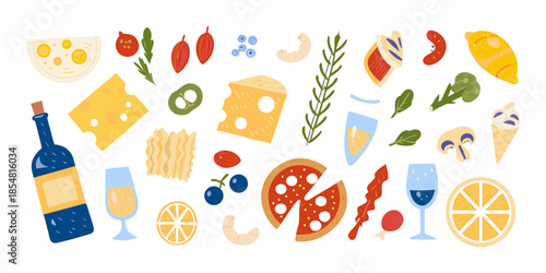 A colorful arrangement of food and drink items including cheese fruit and pizza