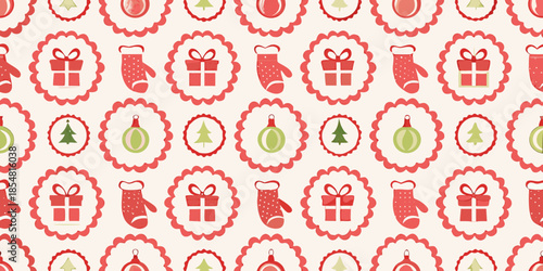 Festive christmas pattern with gifts stockings ornaments and christmas trees